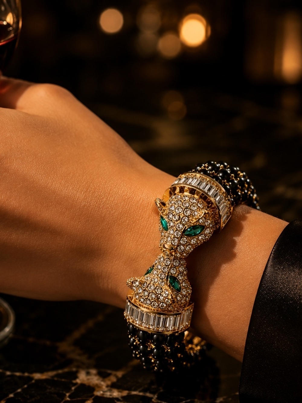 Luxury Panther Cuff Bracelet Black Crystal Gold Statement - Picture 10 of 11